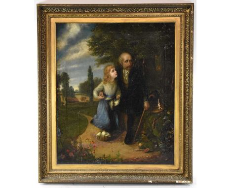 19TH CENTURY ENGLISH SCHOOL; an oil on canvas depicting Little Nell (Charles Dickens) and her grandfather resting on a countr