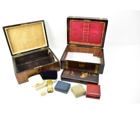 A 19th century rosewood and brass bound writing box, the name 'Neville Beard' inscribed to the brass plaque, the inside with 