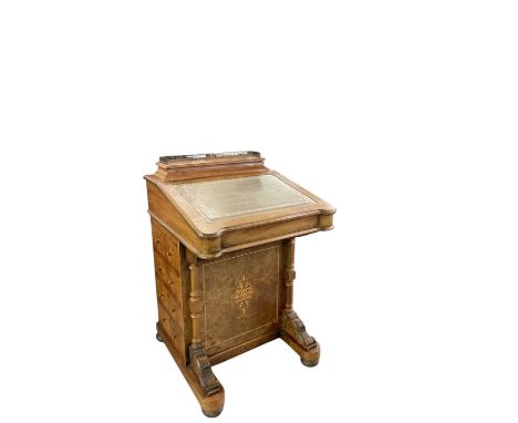 A late 19th century mahogany and inlaid Davenport desk, with gilt tooled green leather inset top, width 54cm, depth 58cm, hei