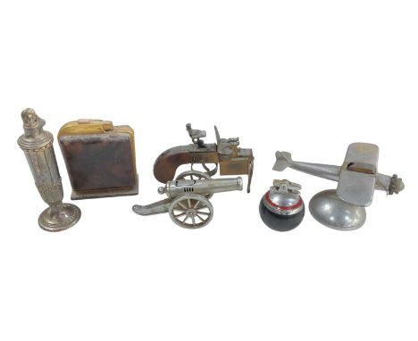 A collection of six assorted novelty lighters comprising a Dunhill tinder pistol, patent no. 592139, length 14cm, height 10cm