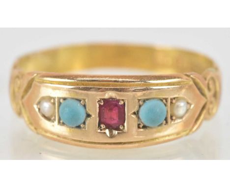 A 15ct yellow gold seed pearl, turquoise and ruby set ring, size N, approx 2.7g.