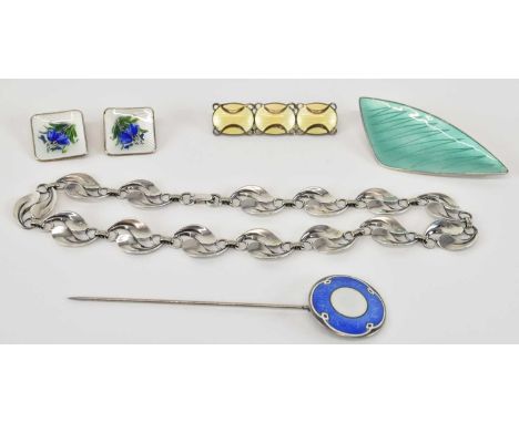 A group of 925 hallmarked silver and enamelled Scandinavian jewellery, including a Danish turquoise enamelled triangular broo