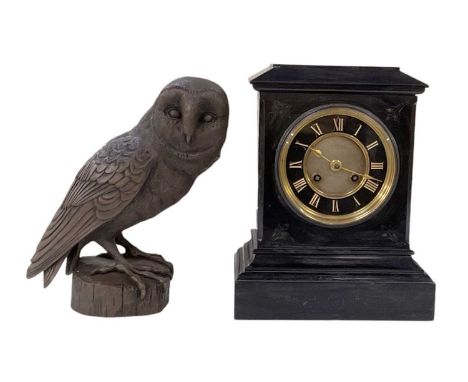 THOMAS RUSSELL &amp; SONS; a 19th century slate mantel clock, with key wound barrel movement, black chapter ring and Roman nu
