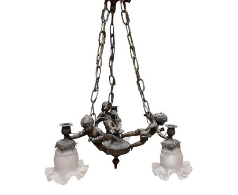 A French three branch spelter ceiling light, the branches modelled as cherubs, with frosted glass shades, approx 25cm.