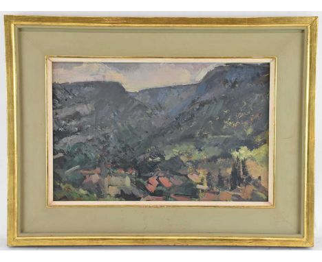 † PETER COKER RA; oil on board, abstract rural scene, signed verso and inscribed with measurements and title, 24 x 37.5cm, fr