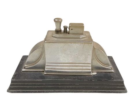RONSON; a 1930s Art Deco chrome table lighter, on bakelite plinth base, height 10.5cm, width 19cm.