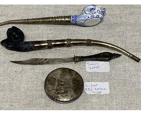 A selection of continental silver and white metal items (damage to compact hinge) 