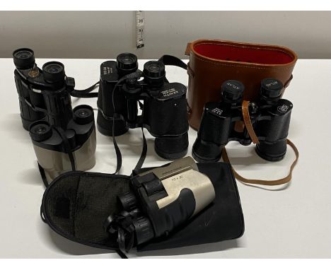 Five pairs of assorted field binoculars including Zenith 