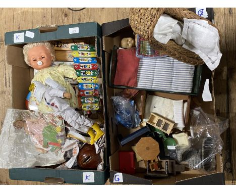 Two boxes of vintage toys, dolls, action man, and doll's house furniture etc, shipping unavailable