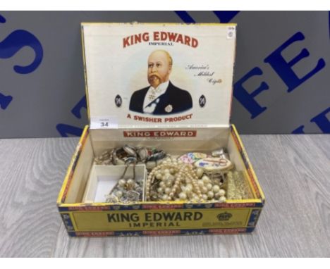 KING EDWARD CIGAR BOX CONTAINING ASSTD COSTUME JEWELLERY BOX OF NEXT 925 SILVER BRACELET PIN BADGES INCLUDING BUTLINS &amp; B