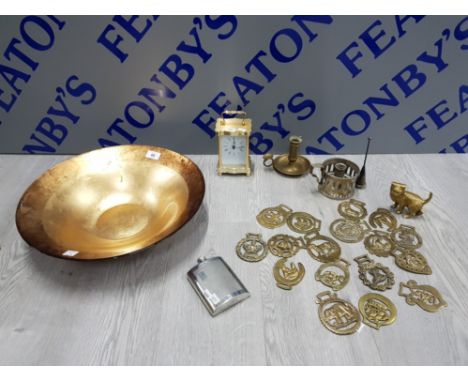 MARKS AND SPENCER HAND DECORATED GOLD LEAF BOWL WITH A COLLECTION OF BRASS ITEMS , MANTLE CLOCK LONDON CLOCK COMPANY, PEWTER 