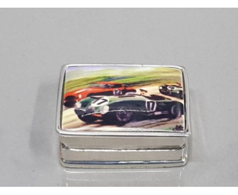 SILVER AND ENAMEL PILL BOX DEPICTING RACING CARS 21G GROSS