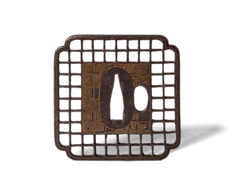 Edo Period, Ca. AD 1603 - 1868. An iron tsuba of squared form, intricately pierced with a grid pattern. The central area is d