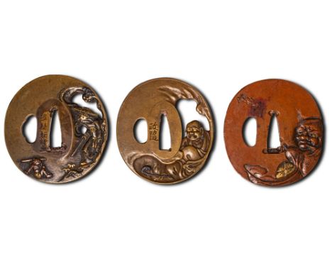 Edo Period, Ca. AD 1603 - 1868. A set of tsuba comprising one depicting a warrior, rendered with gold highlights and calligra