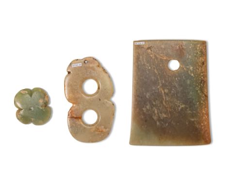 Neolithic to Shang Dynasty, Ca. 4700 BC - AD 1279. A group of ancient jade objects, comprising a Hongshan culture green jade 