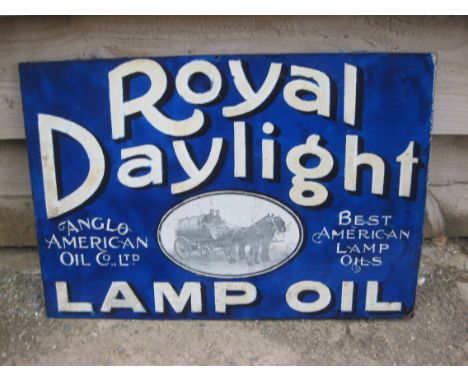 An Anglo-American Oil Co. Royal Daylight Lamp Oil enamel sign, restored, 21 x 14.5".