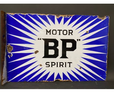 A BP Motor Spirit 'Irish Flash' double sided enamel sign with hanging flange, with good gloss, 24 x 16".