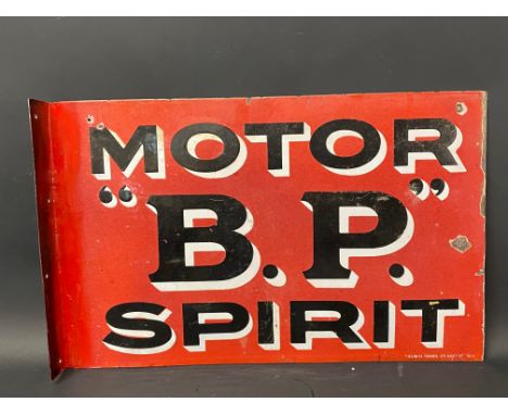 An early BP Motor Spirit double sided enamel sign with new hanging flange by Franco, restoration adjacent to flange on both s
