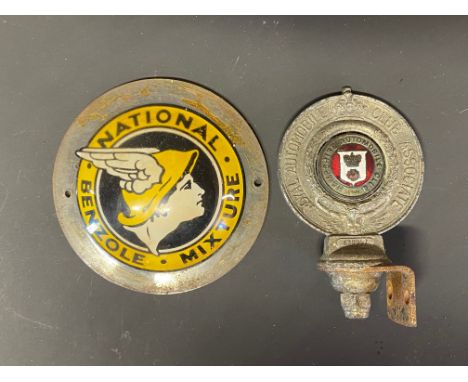 A National Benzole Mixture circular plastic brand indicator plus an RAC Associate car badge with Hampshire Automobile Club en