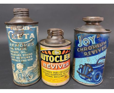 A small tin of Joy chromium reviver, bearing a design with a motor car, a tin of Cleta cleaner, with an image of a vintage ca