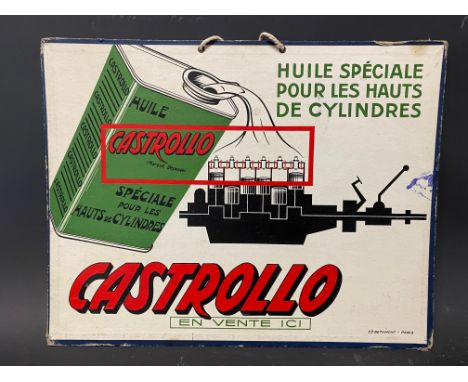 A French Castrollo pictorial showcard depicting a can of oil pouring into an engine, 13 1/2 x 10 1/2".