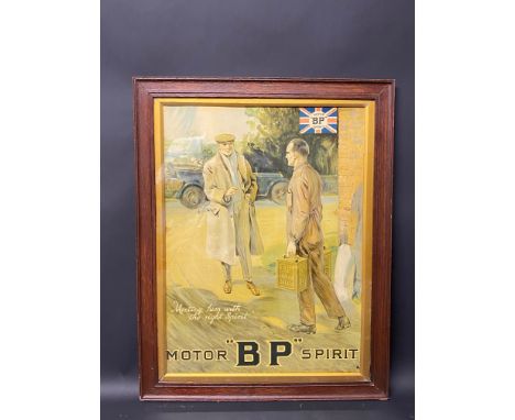 A good BP Motor Spirit pictorial showcard depicting a gentlemen stopping to buy fuel in a two gallon can for his vintage car,