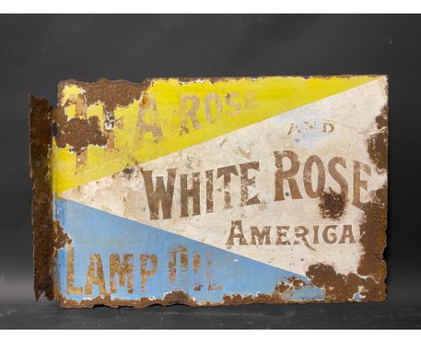 A Tea Rose and White Rose American Lamp Oil double sided enamel sign with hanging flange, by Imperial, 16 x 11".