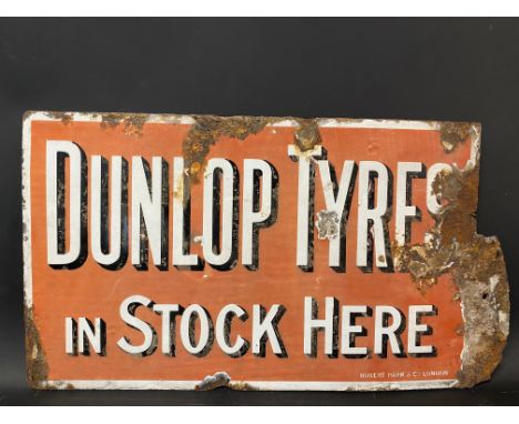An early Dunlop Tyres in Stock Here double sided enamel sign with partial hanging flange, by Robert Park &amp; Co. London, 18