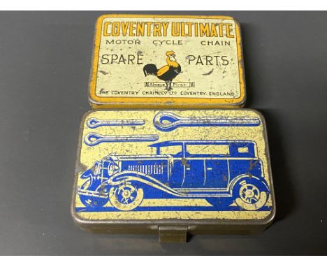 A Coventry Ultimate Motor Cycle Chain Spare Parts tin with contents plus another tin for split pins with an image of a vintag