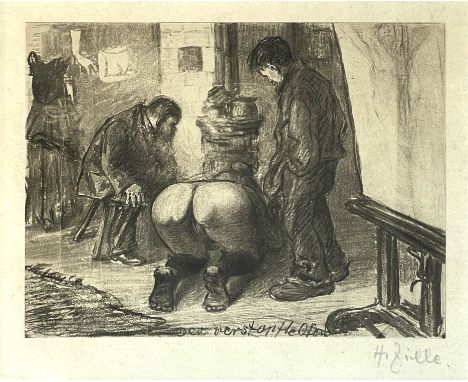 Heinrich ZILLE (1858 - 1929). "Der verstopfte Ofen".Circa 10 cm x 12 cm das Blatt. Circa 23 cm x 25 cm mit Rahmen. Graphik. B