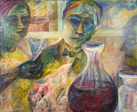 Esteban FEKETE (1924 - 2009). Darstellung von drei Personen bei der Weinverkostung.Circa 120 cm x 145 cm. Circa 127 cm x 150 