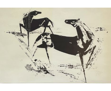 Monogrammist (XX). Zeitgenössische abstrakte Pferdedarstellung.Circa 80 cm x 61 cm. Druck. Rechts unten monogrammiert ''A.P''