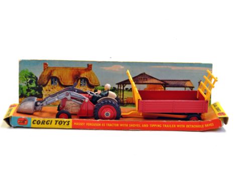 Corgi Massey Ferguson 65 Tractor with Shovel and Tipping Trailer. Generally very good with box insert.