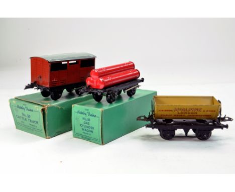 Hornby 0 Gauge Tinplate Rolling stock issues including Cattle Truck, Gas Cylinder Wagon and McAlpine side tipper hopper. Gene