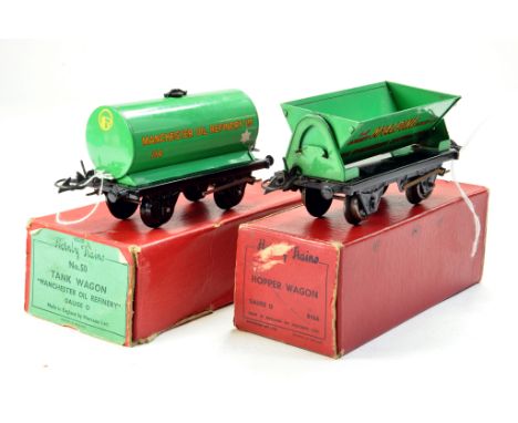 Hornby 0 Gauge Tinplate Rolling stock issues including Manchester Oil Tanker and McAlpine side tipper hopper. Generally very 