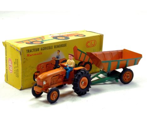CIJ France 1/32 Renault R30-40 Tractor with Tin Plate Trailer and Driver. Superb! Looks to be complete, excellent and with or