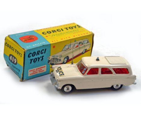 Corgi No. 419 Ford Zephyr Motorway Patrol Car, off white body, red interior, flat spun hubs, thin blue roof light, complete p