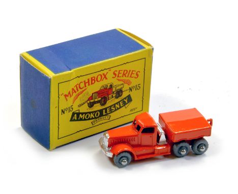 Matchbox Regular Wheels No. 15a Diamond T Prime Mover. Orange body with silver trim and grey metal wheels. Superb example, ex