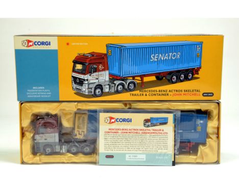 Corgi 1/50 diecast truck issue comprising No. AN13805 50th Anniversary Mercedes Benz Actros Skeletal Trailer and Container in