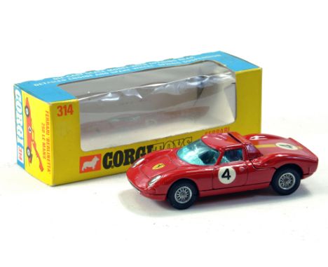 Corgi No. 314 Ferrari Berlinetta 250 Le Mans with red body, blue tinted windows, silver and chrome trim and wire wheels. Note