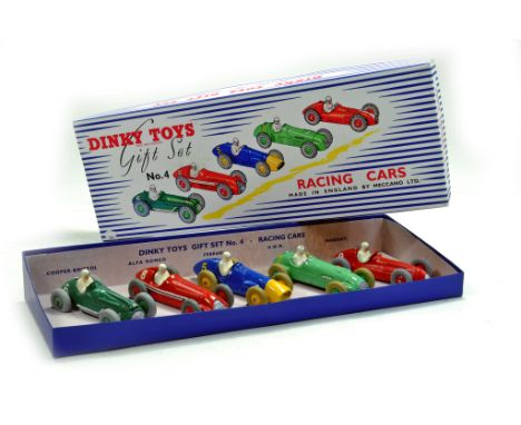 Dinky No. 4 Gift Set, Racing Cars. Restored Cars and Reproduction Box. Still an appealing item displays superbly.