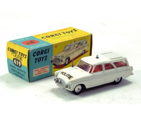 Corgi No. 419 Ford Zephyr Motorway Patrol Car "Politie" rare export Issue with white body, red interior, flat spun hubs, thin