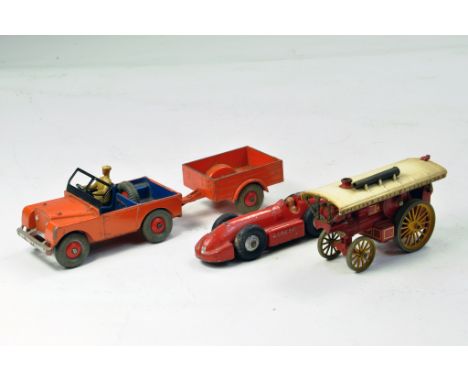 Dinky Land Rover and Trailer in Orange plus Speed of Wind Racing Car and Matchbox Steam Engine. Some slight Wear, but still g