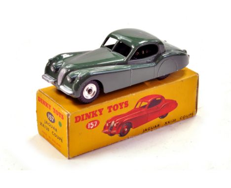 Dinky No. 157 Jaguar XK120 Coupe with green body, silver trim, and chrome spun hubs. Generally Excellent to Near Mint in Exce