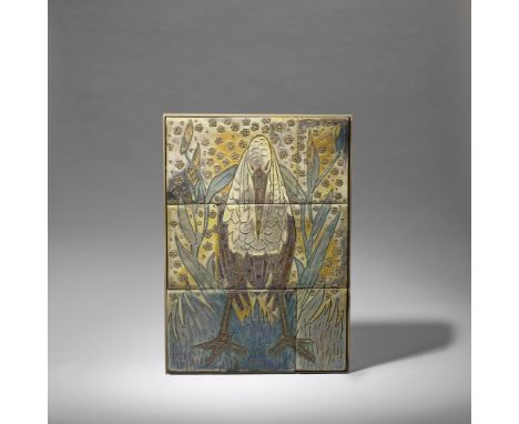 Theo van HoytemaTile panel, circa 1900Ceramic tiles, incised decoration depicting a maribou stork and stylised foliage, lustr
