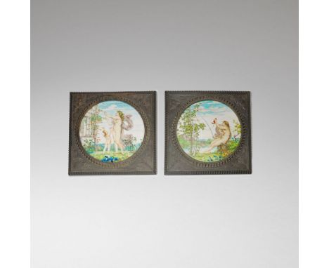 Théodore Deck and Joseph-Victor RanvierTwo pictorial ceramic plaques, 1867Faience pottery, hand-painted in natural colours an