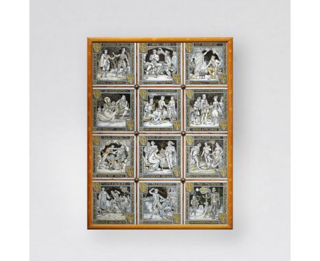 John Moyr Smith for MintonsTile panel depicting scenes from Sir Walter Scott's Waverley novels, circa 1878Ceramic, twelve 'ei