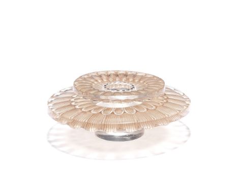René Lalique'Dahlia' candlestick holder, designed 1934Clear glass, frosted and polished, with black enamel and sepia staining