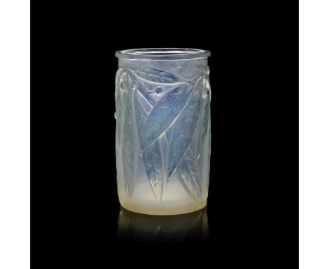 René Lalique'Laurier' vase, designed 1922Opalescent glass, frosted and polished, remnants of blue staining.17.6cm highWheel c