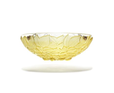 René Lalique'Charmes' ceiling light, designed 1924Yellow glass, frosted and polished.34.5cm diameterMoulded R.LALIQUE signatu